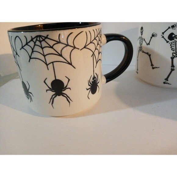 3 Halloween Skelton Mug/ Dancing Skeltons, Spiders,& Bats, Black White 16 Oz New - Picture 2 of 16